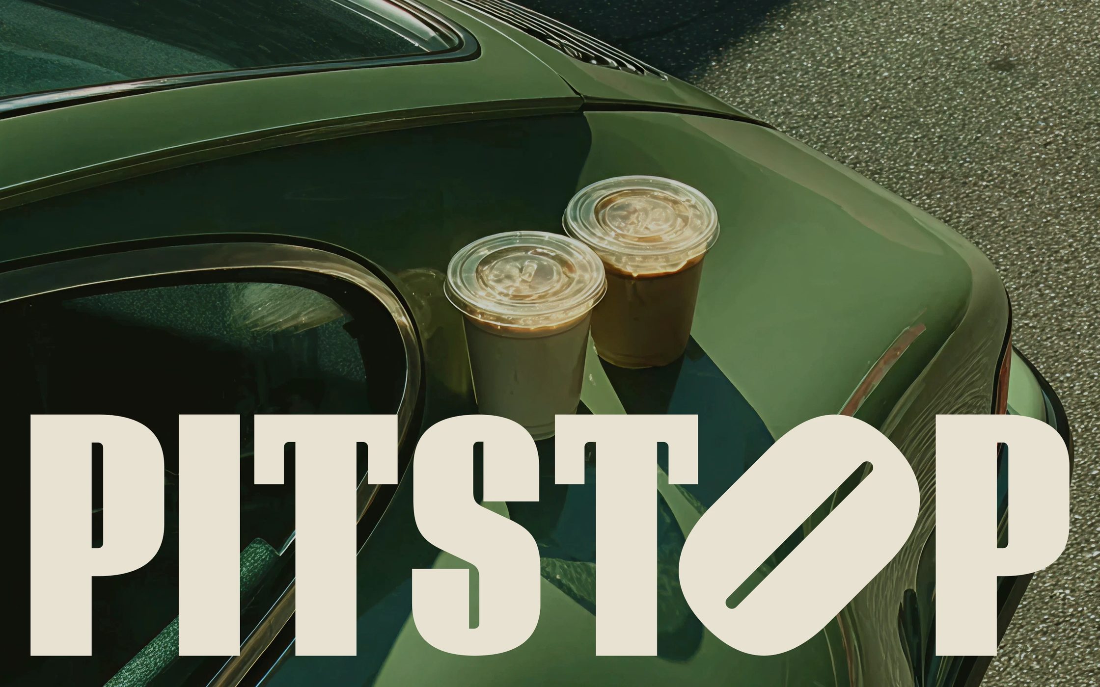 Pitstop Coffee identity with iced coffees on a green sports car